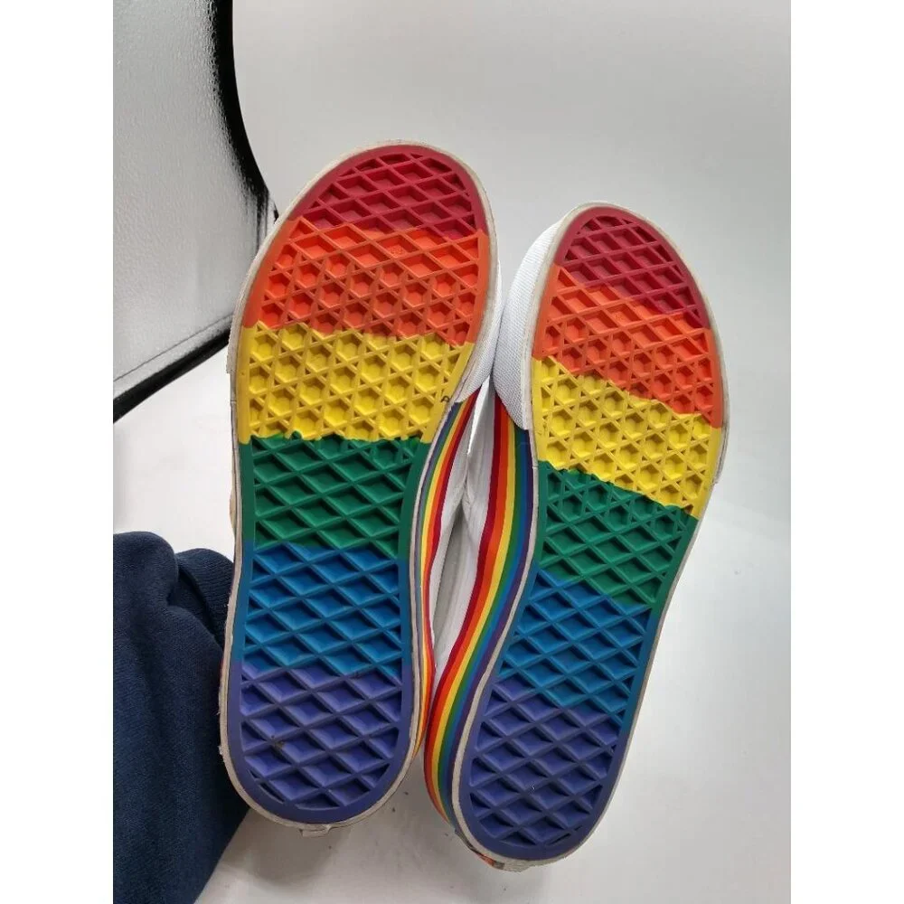 Vans Kids Rainbow Slip-On Shoes Size Kids 3.5 White Canvas With Multicolor Soles
